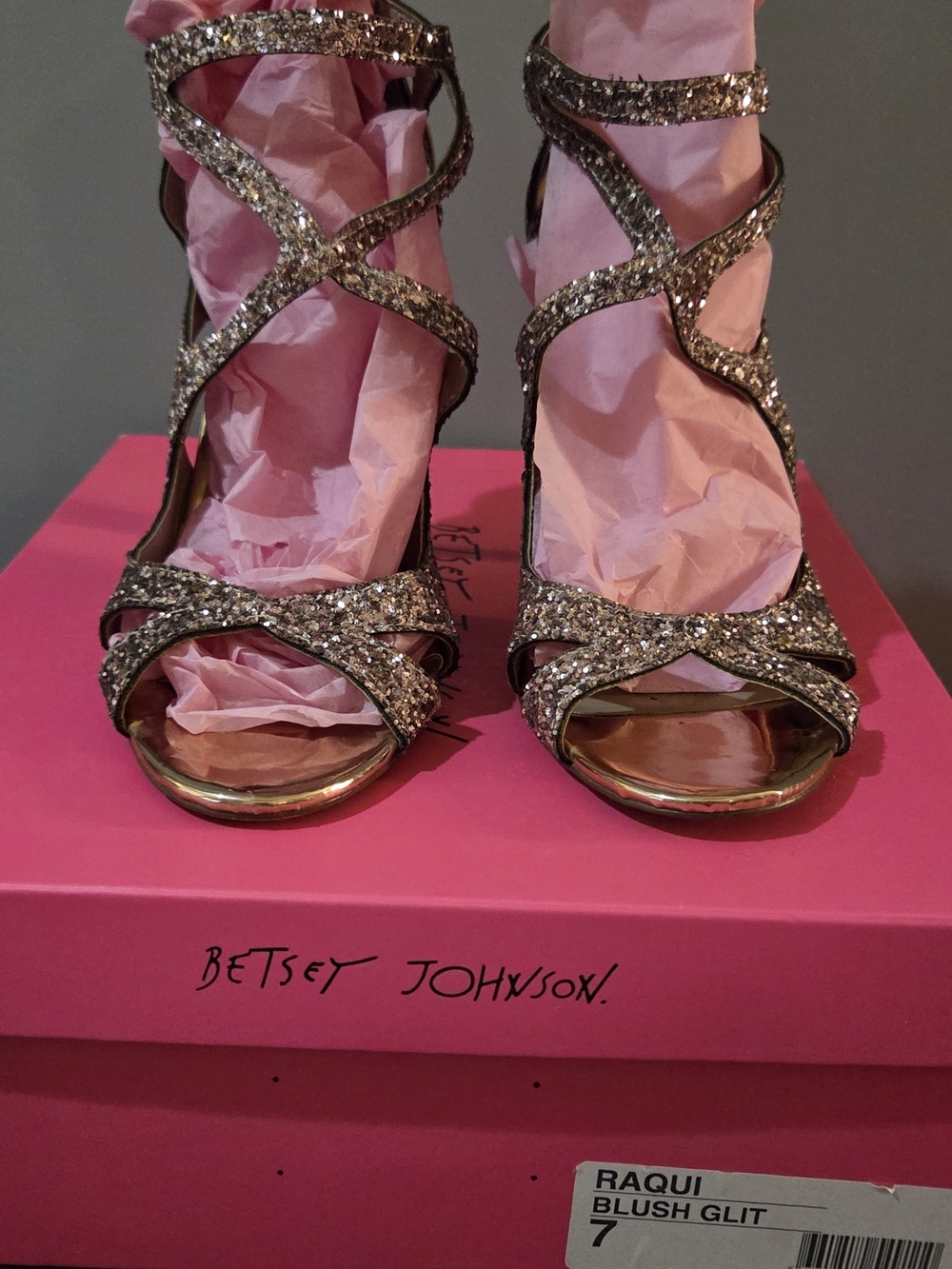 Betsey Johnson Blush Glitter Strappy Heels - Blush